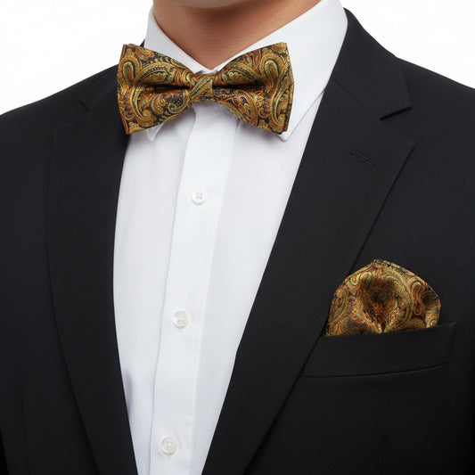Men's Pre-Tied Bow Tie with Pocket Square Set | Classic Paisley Silk Mens Bow Tie Adjustable for Weddings, Prom, Formal Events | Luxury Silk Fabric, Ready-to-Wear for Groom, Groomsmen & Party