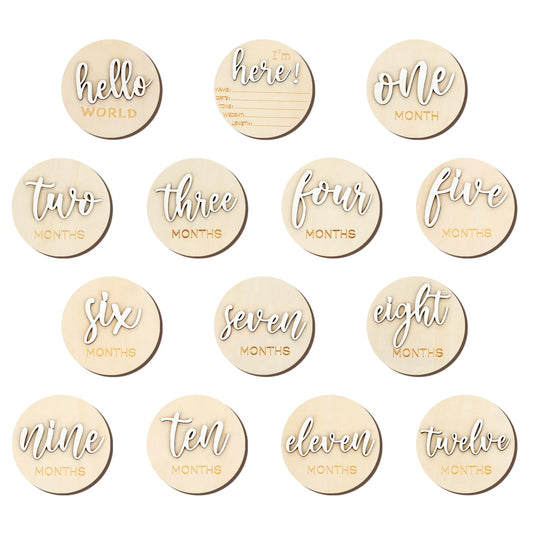7Pack 3D Baby Months Signs Wooden Months Baby Milestone Double Sided Baby Monthly Milestone Cards 10cm Round Hello World Baby Milestone for New Parents Gift Set Newborn Infants 0-12 Months Growth Reco