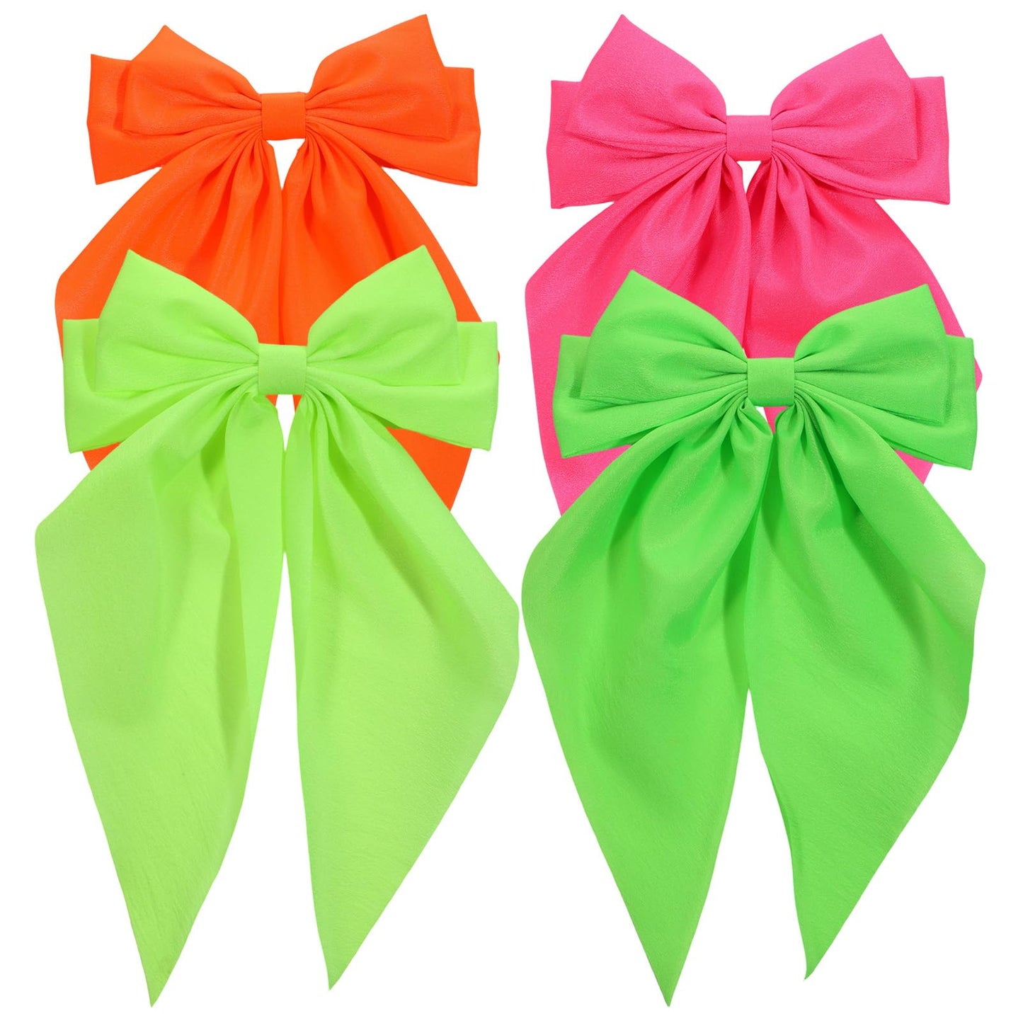 4 Pcs Large Neon Bows With Long Tails Neon Hair Accessories For Women Fluorescent Big Bow Hair Clips Yellow Pink Green Orange 80s 90s Disco Parties Hair-Bow Barrettes Vibrant For Girls