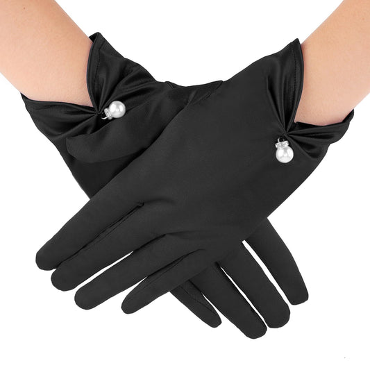 Lusofie Short Satin Gloves Wrist Length Pearl Gloves Women's Accessories Opera Gloves for Wedding Banquet Dinner Party