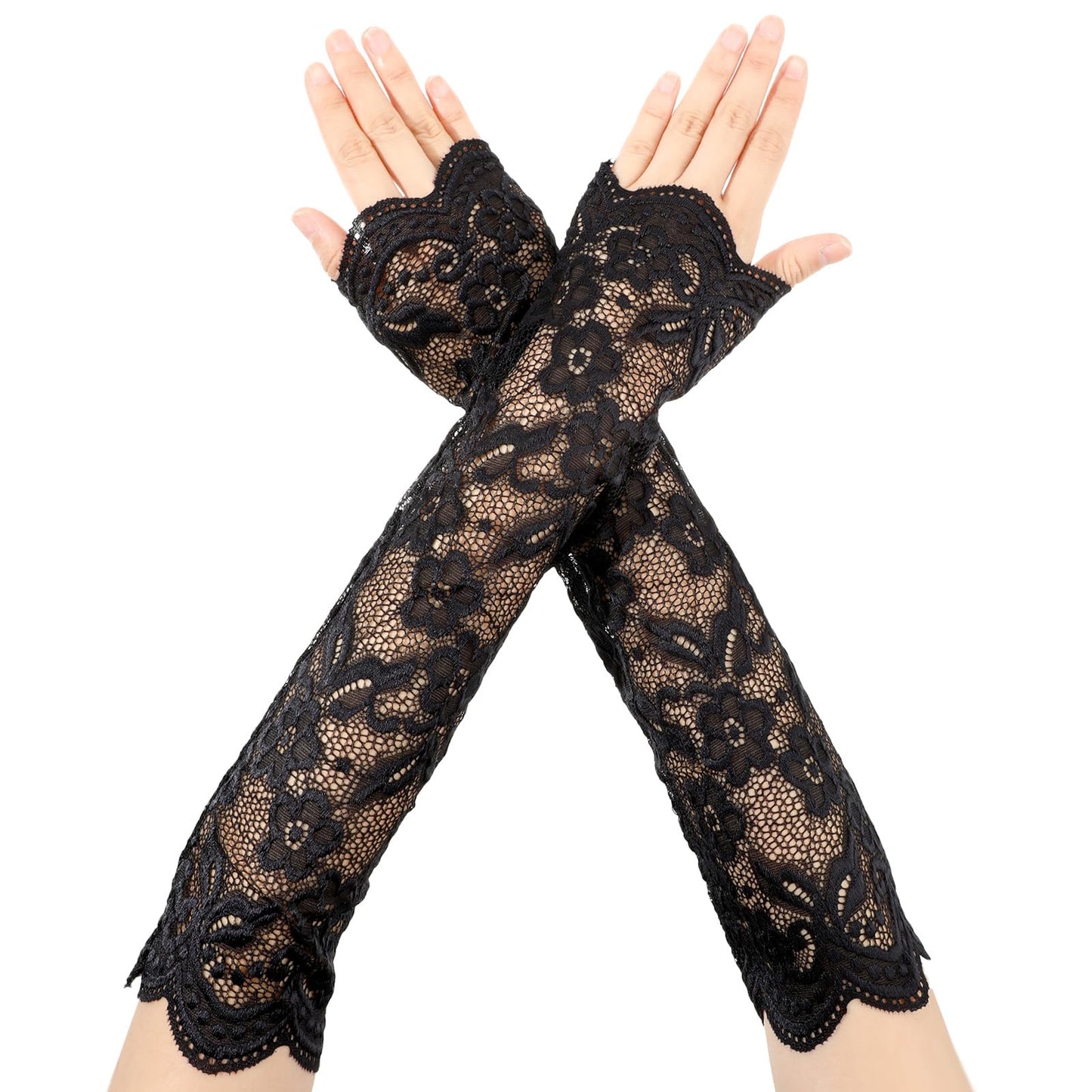HekouJiub Black Long Lace Gloves for Women Fingerless Gloves 16" Long Opera-Gloves Elegant Floral Bridal Wedding Tea Party Prom Costume Accessories