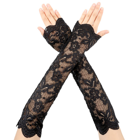 HekouJiub Black Long Lace Gloves for Women Fingerless Gloves 16" Long Opera-Gloves Elegant Floral Bridal Wedding Tea Party Prom Costume Accessories