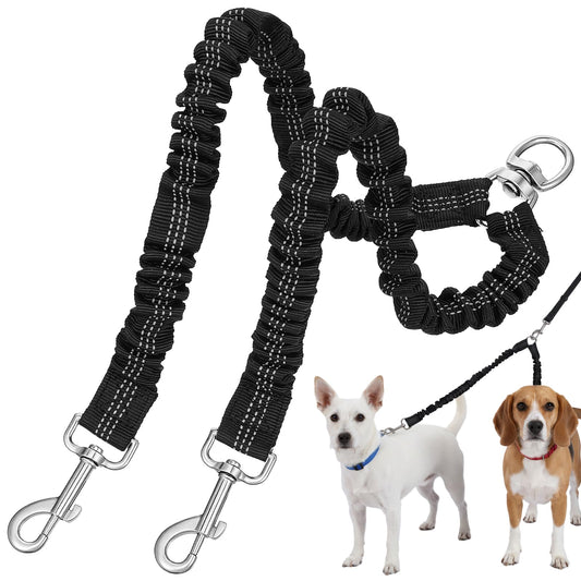 Double Dog Leash for 2 Dogs - 360 Swivel No Tangle Bungee Leash with Reflective Stitching - Shock Absorbing Training Leashs for Large Dogs That Pull Black