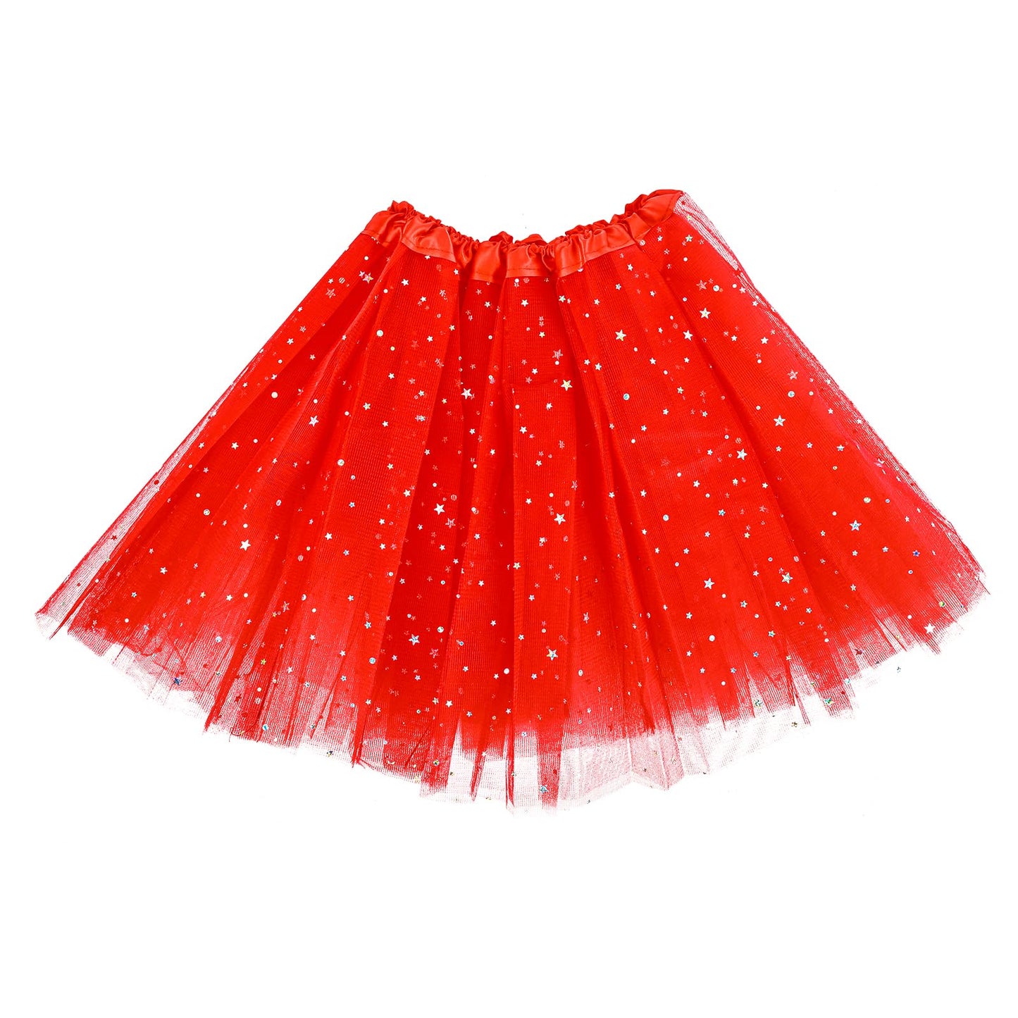 Yolev Tutu Skirts for Women Adult Elastic 3 Layered Tulle Tutu Skirt with Sequin Stars Retro 80's Festival Skirt (Red)