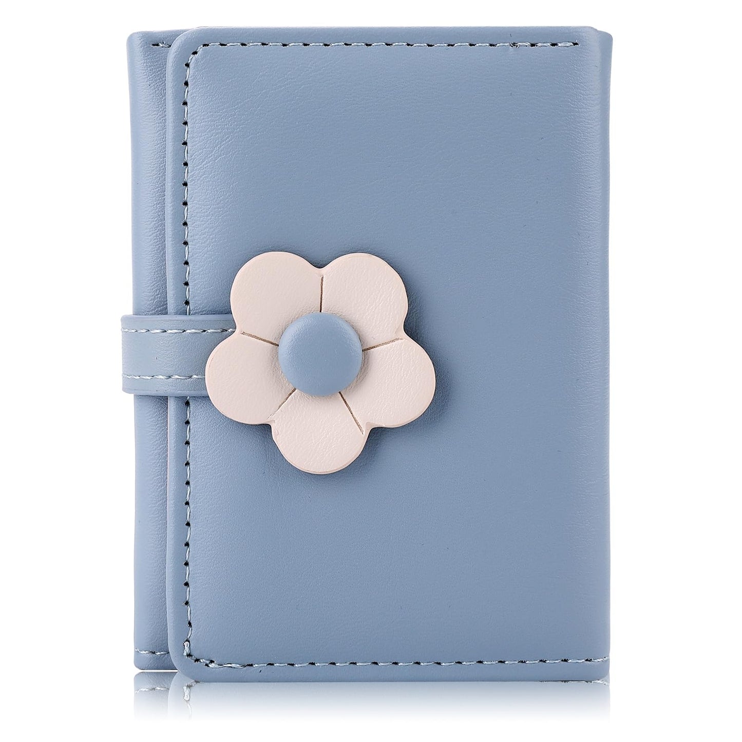 DIVINA VITAE Girls Women Tri-Folded Flower Wallet Cute Small Wallet Flowers Print Wallet Cash PU Leather Purse Cash Card Holder Coin Purse with ID Window Youthful Fashion Kawaii (Blue)