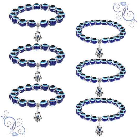 Lusofie 6 Pieces Evil Eye Bracelet Hamsa Blue Beaded Charm Stretch Bracelet Third Eye Jewelry Blue Eye Bead Bracelet for Protection and Blessing 8MM 10MM
