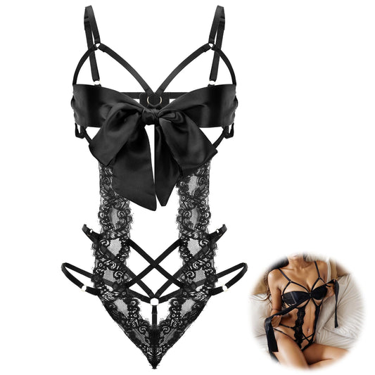 Telooco Sexy Lingerie for Women Lace Bodysuit One Piece Naughty Lingerie Unwrap Me Big Bownot Lingerie(Black)