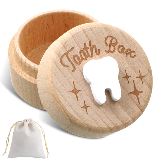 Wooden Tooth Fairy Box with Storage Pouch, Natural Wood Keepsake Container for Children's First Lost Teeth, Round Tooth Case for Under Pillow, Baby Tooths Storage Gift