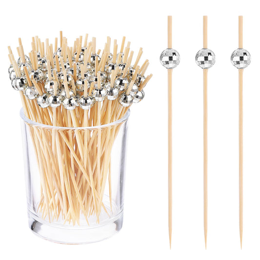 Yolev 200pcs Cocktail Picks Toothpicks for Appetizers Bamboo Golden Pearl for Appetizers, Wooden Long Cocktail Picks Disco Theme for Party Supplies (silver)