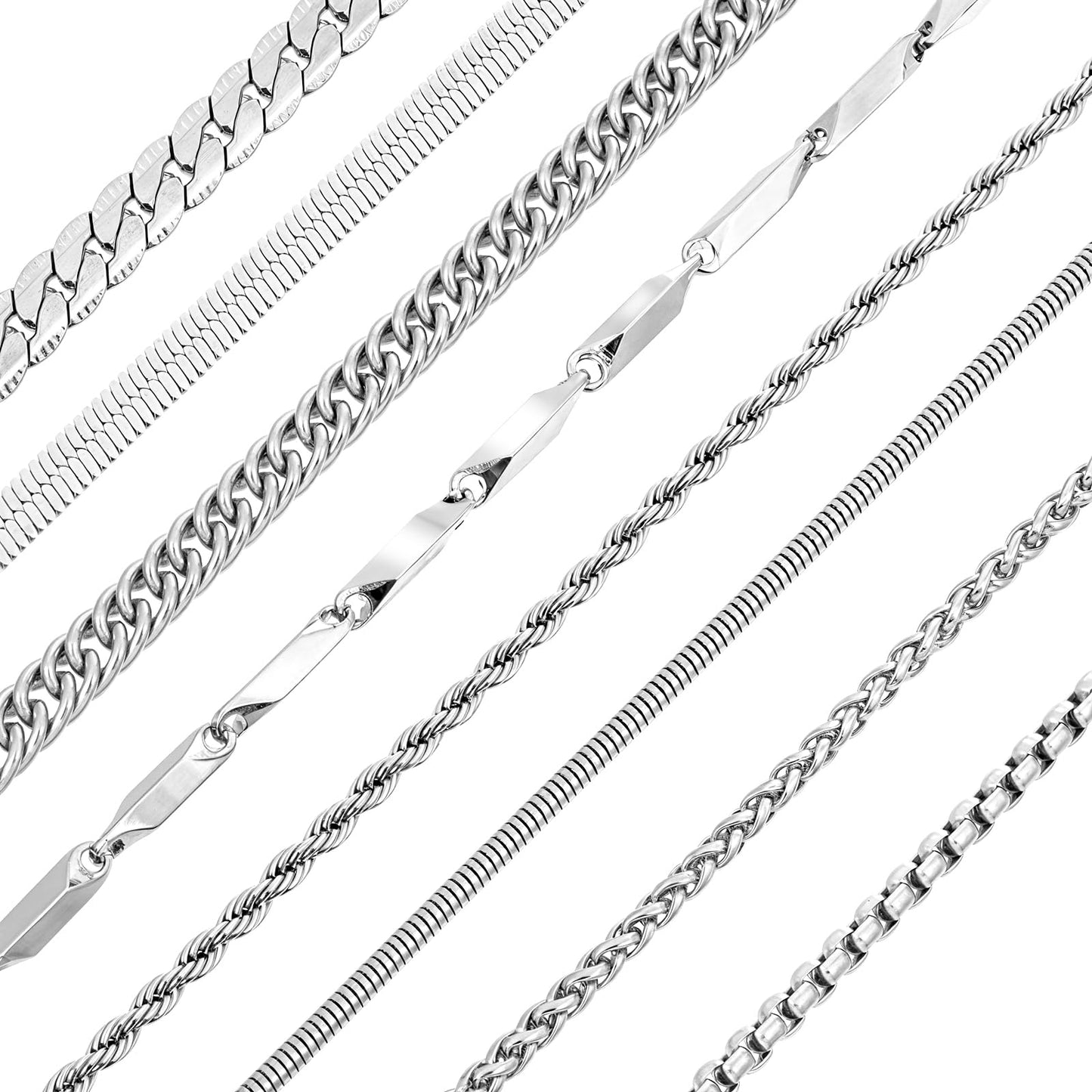 DIVINA VITAE 8Pcs Silver Chain Mens Necklace Set, Stainless Steel Chain for Men Women 21.65 Inch Necklace for Men for Figaro, Snake, Cuban Link, Rope Chains Jewelry Making