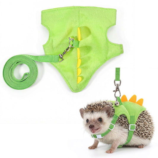 Dinosaur Shaped Harness and Leash Set, Adjustable Small Animal Harness for Hedgehog, Ferret, Guinea Pig, Hamster, Soft Plush Material, Safety Bell, Green