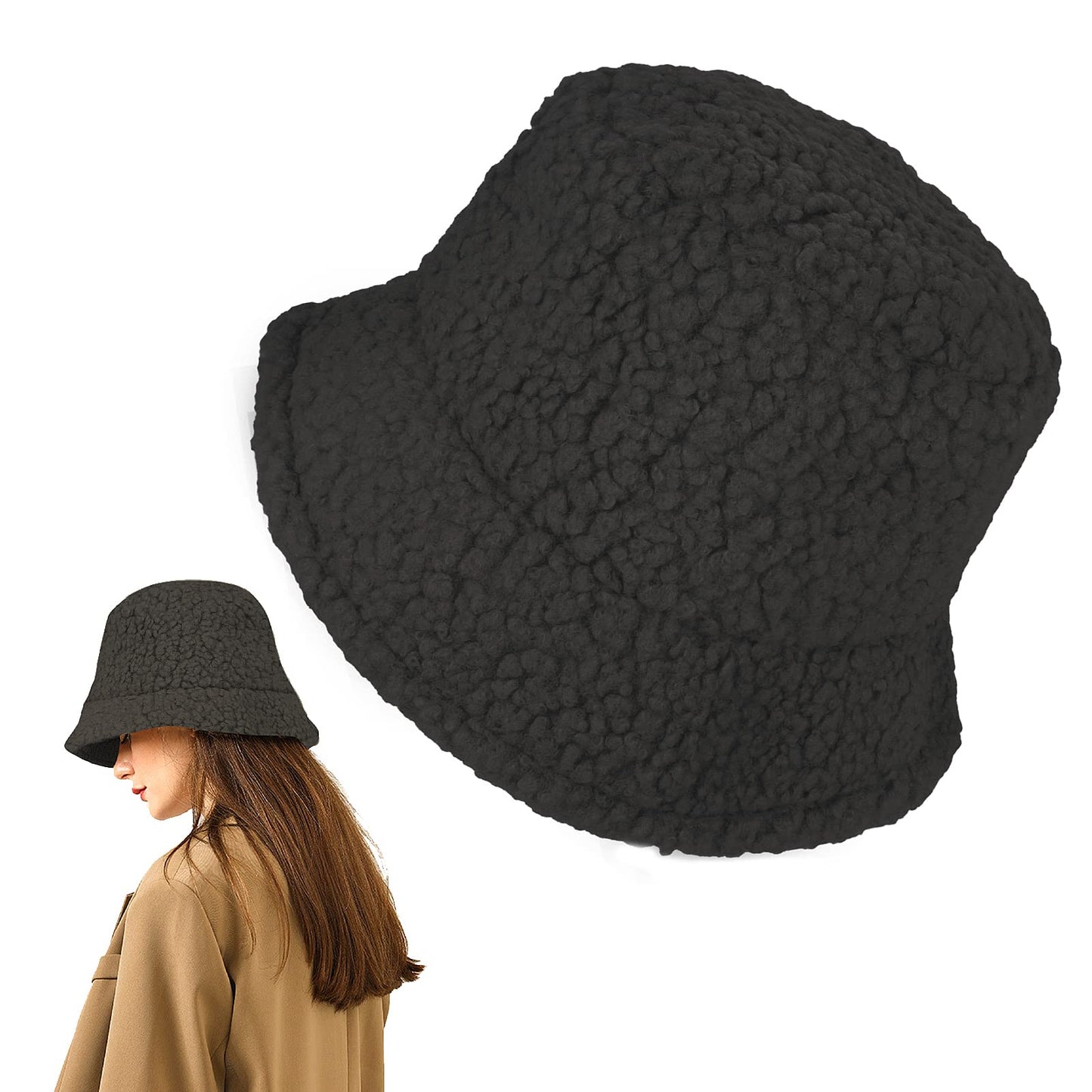 Lusofie Winter Fluffy Bucket Hat Fluffy Warm Fuzzy Furry Bucket Hats Winter Warmer Fisherman Cap Lamb Wool Fishing Caps for Women (Black)