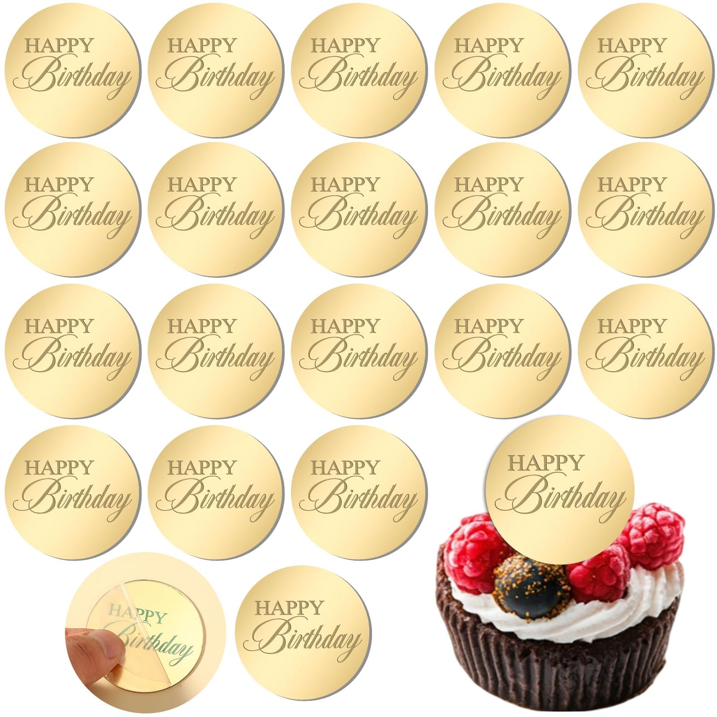 20pcs Happy Birthday Cupcake Toppers Mirror Acrylic Gold Happy Birthday Cake Toppers Decoration Circle Round Engraved Cake Picks For Birthdays Anniversary Party Decorations