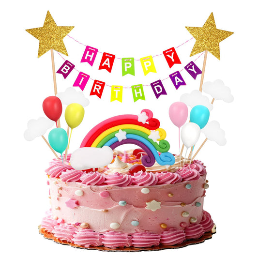 Lusofie 15Pcs Rainbow Cake Topper Handmade Happy Birthday Cake Topper Cake Topper Kit Clouds Balloon Cake Topper Birthday Cake Decorations For Birthday Party