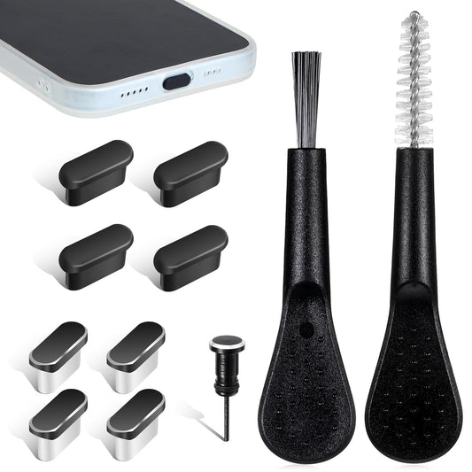 Josojoou 11pcs Charging Port Cleaner 4pcs Black for Usb C Dust Plug 4pcs White Dust Plug Charm for Type C 2pcs cleaning Brush and 1pcs Headphone Jack Protector for Type-C Devices