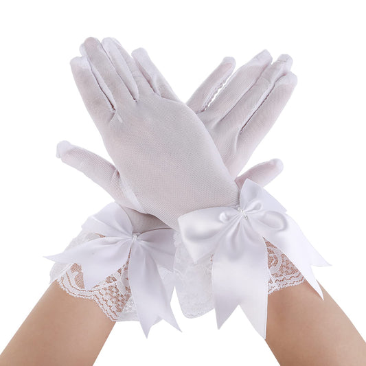 Women's Lace Gloves with Bowknot Vintage Opera Wrist Gloves Stretchy Bridal Gloves for Fancy Dress Wedding Party Tea Party Prom Evening (White)