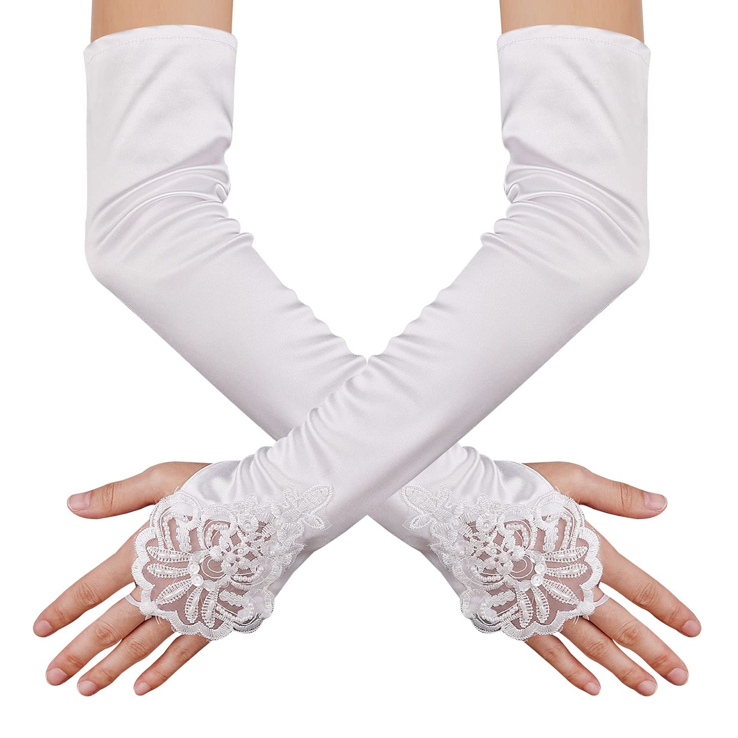 Women's Long Lace Opera Gloves Satin Wedding Bridal Gloves Bridal Dance Gloves Party Stretchy Elbow Length Gloves Fancy Dress Lace Opera Gloves 1920s Gloves for Christmas Halloween (White)