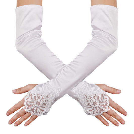 Women's Long Lace Opera Gloves Satin Wedding Bridal Gloves Bridal Dance Gloves Party Stretchy Elbow Length Gloves Fancy Dress Lace Opera Gloves 1920s Gloves for Christmas Halloween (White)