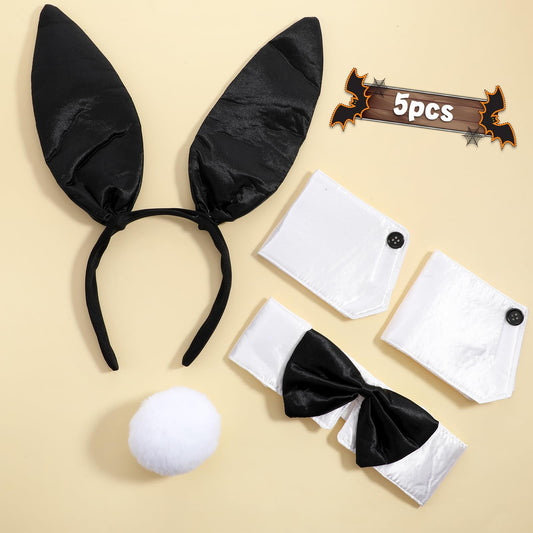 DIVINA VITAE Bunny Costume Set Rabbit Ears Headband Collar Bow Tie Costume Cuffs Rabbit Tail Accessories for Easter Halloween Cosplay Party (Black)