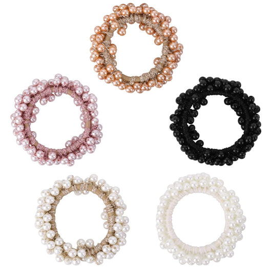 Lusofie 5Pack Pearl Hair Ties Elastic Weave Hair Scrunchies Stretch Bead Hair Rope Hair bands Ponytail Holder Hair Accessories for Women and Girls