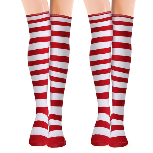 Lusofie 2 Pairs Striped Stockings Women Over Knee Thigh High Socks Long Striped Tights for Women Girls Ladies Costume Party Supplies(Red and White)