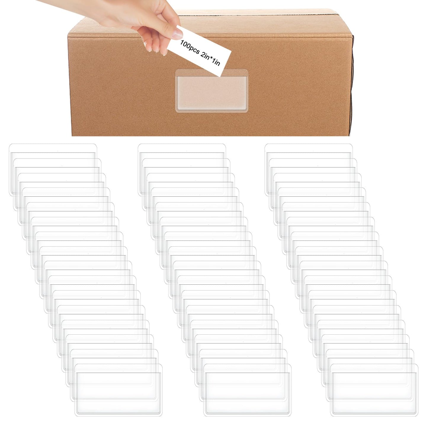 100 Pcs Index Card Pockets Clear Label Pockets Plastic Pocket Sleeves with Top Open Self Adhesive Label Holder for Loading Storage Organizer for File Library Bin Closet File Folder Bin Labels (4X6 cm)