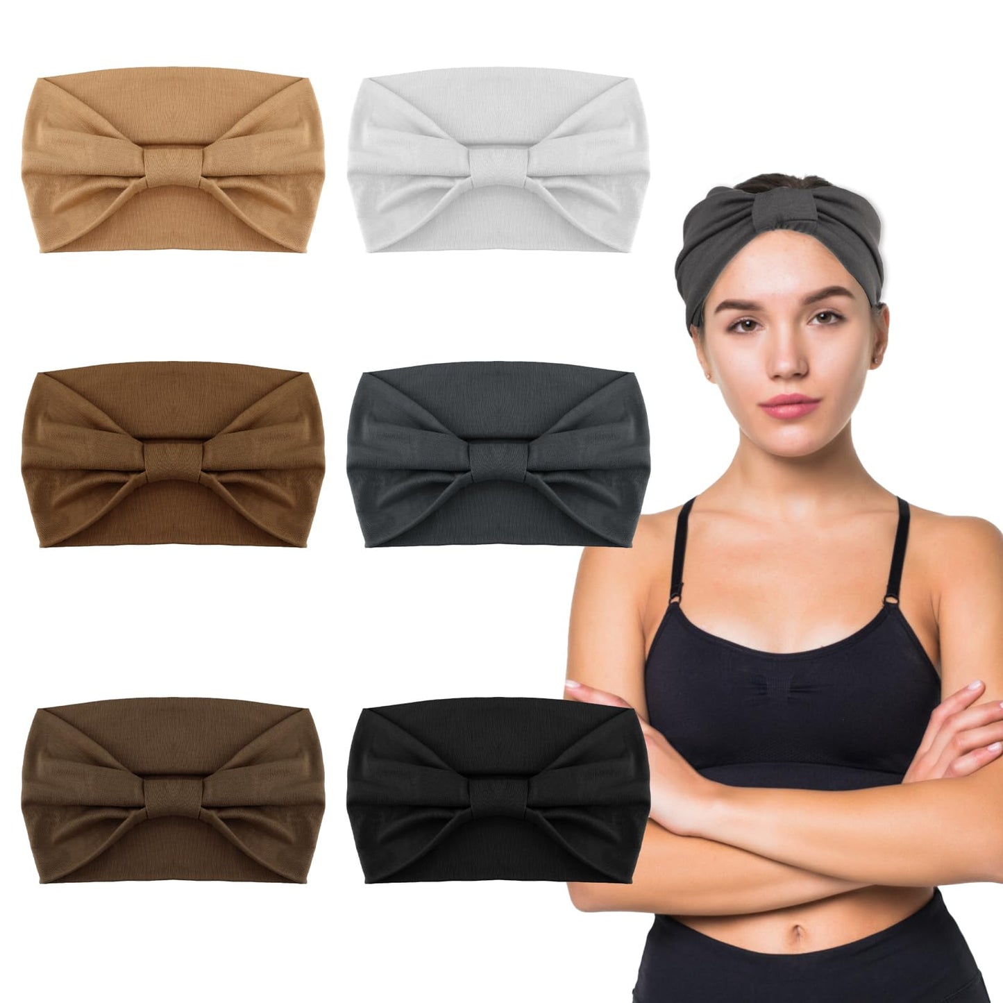 Lusofie 6Pack Stretchy Turban Headband Wide Headbands for Women 5.63inch Twist Knotted Cloth Sports Headband for Women Girls Daily Life Yoga Workout Clean Face Makeup