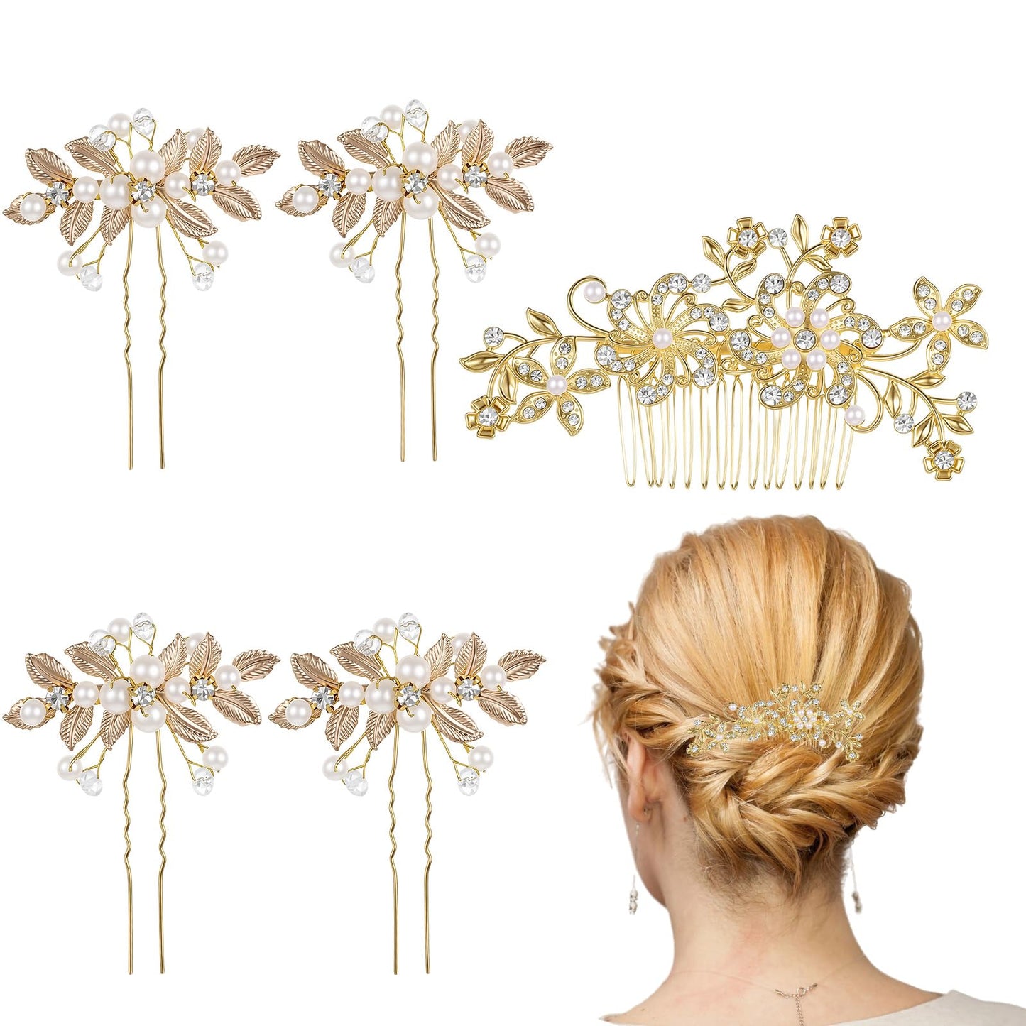 5Pcs Wedding Gold Bridal Hair Accessories Flower Pearl Gold Hair Comb