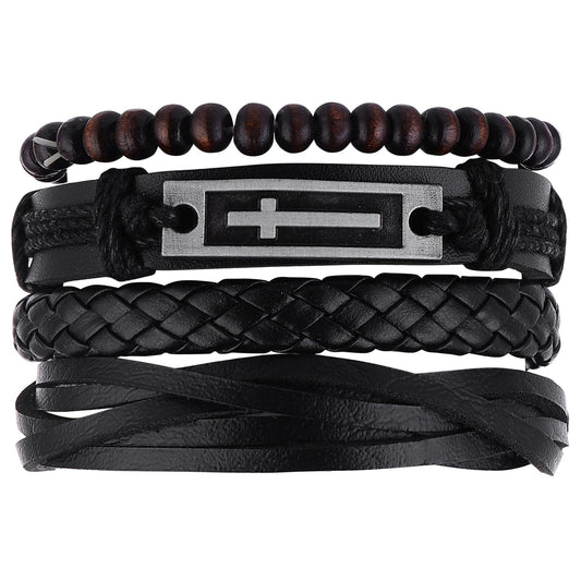 Telooco 4Pcs Leather Beads Bracelet Cross Bracelet for Men Adjustable Multi-Layer Goth Bracelets Braided Knot Wristband Cuff Bracelets Graduation Gifts for Men(Black & Brown)