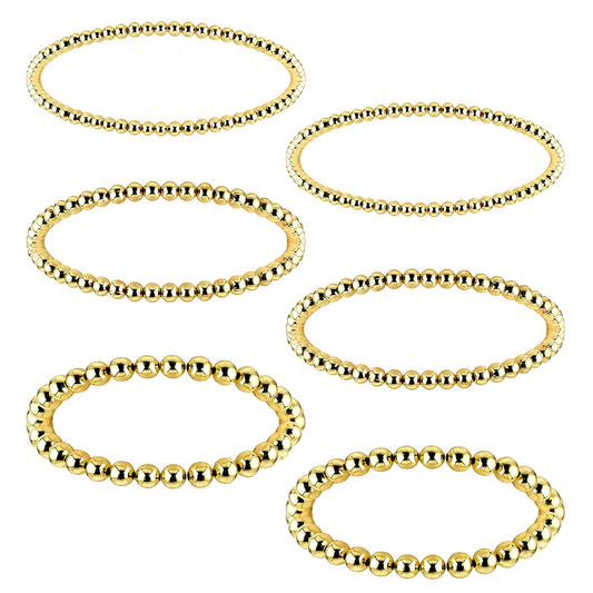 Telooco Gold Beaded Bracelet for Women 6Pcs 14K Gold Stack Bracelets Elastic Stretch Beaded Bracelets Set for Women Girls Gift(3/4/6mm Beaded)