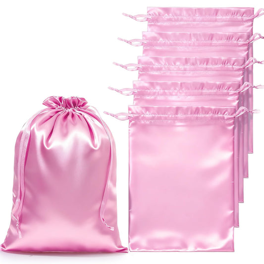 HaiFafafaing 6 Pcs Satin Wig Bags With Drawstring, Silk Hair Storage Bags For Multiple Wigs, Bundles, Extensions, Pink
