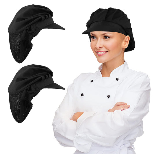 Lusofie 2Pcs Chef Hat Kitchen Baker Cooking Chef Cap Black Food Service Hairnets for Women Men with Brim