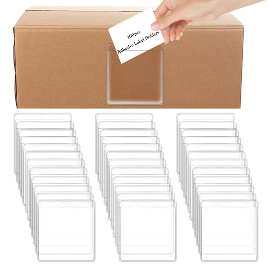 100Pcs Self Adhesive Label Holders 5.5 x 5 cm Clear Plastic Adhesive Pockets Rectangle Index Card Labels for File Mark School Library Business Office Supplies
