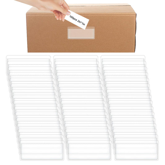 100 Pcs Index Card Pockets Clear Label Pockets Plastic Pocket Sleeves with Top Open Self Adhesive Label Holder for Loading Storage Organizer for File Library Bin File Folder Bin Labels (5.3X2.5 cm)