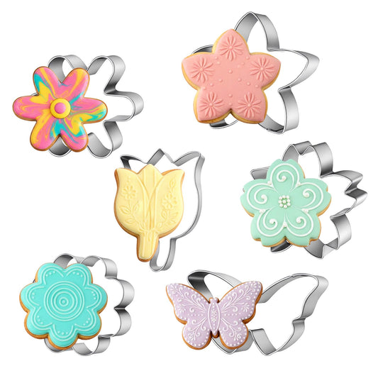 6 PCS Flower Cookie Cutter - Stainless Steel Flower Cookie Cutters Set - Daisy Tulip Butterfly Shapes for Baking Cookies Bread Cheese Crafts