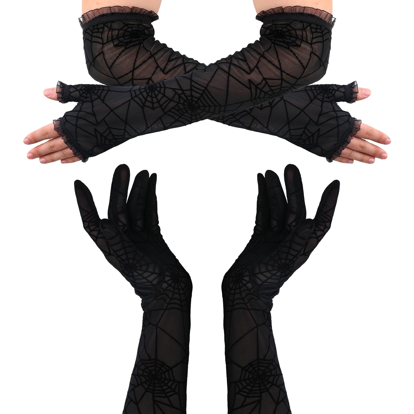 DIVINA VITAE 2 pairs Long Black Gloves with Spider Web Pattern,Witch's Mesh Fingerless Gloves Black Gloves Long Gloves black lace gloves for Halloween Party Cosplay?Fingerless/Classic?