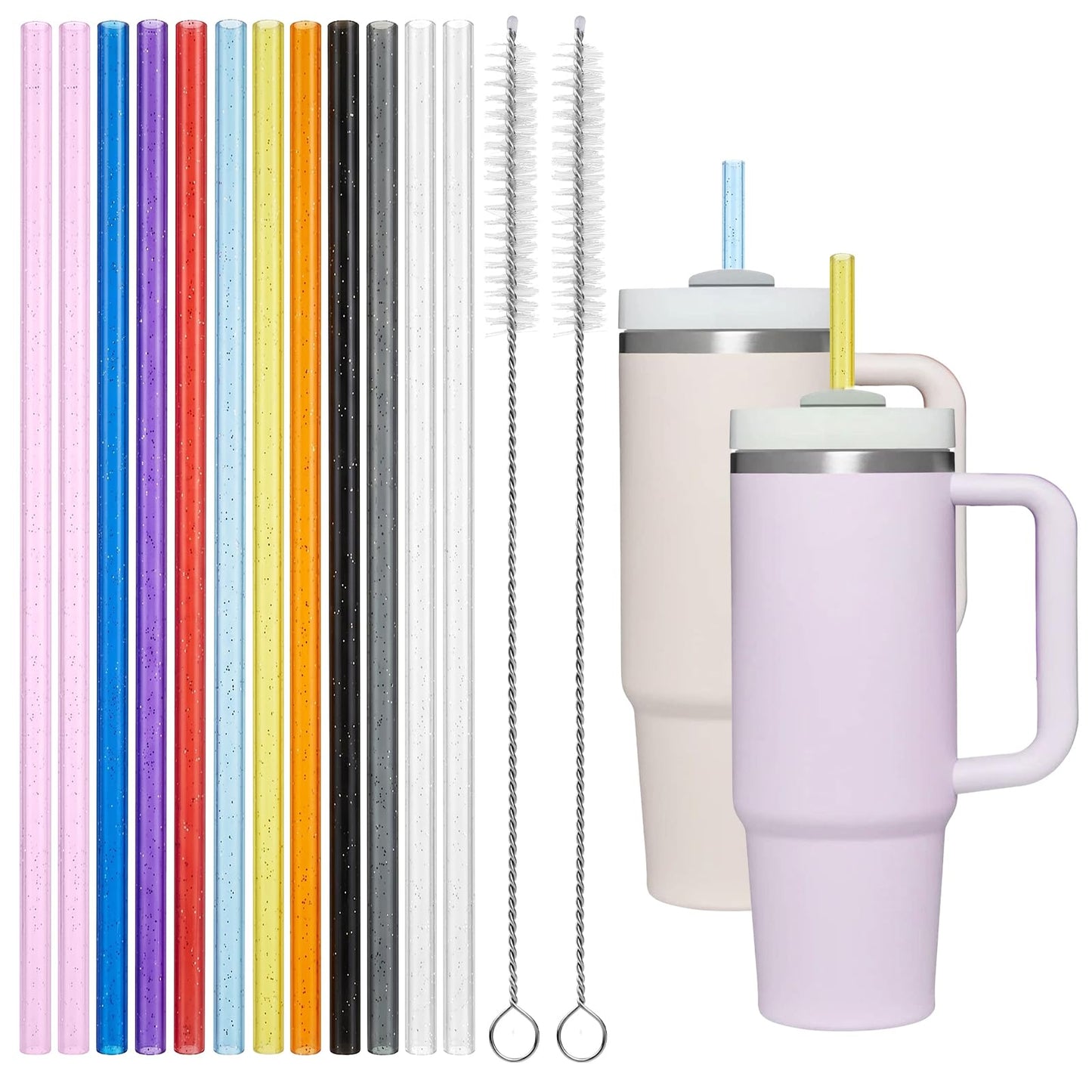 12-Piece Glitter Straws Plastic 30 cm Long Colourful Straws Reusable Drinking Straws Plastic with Straw Cleaning Brush Without BPA for Glass Cup (2)