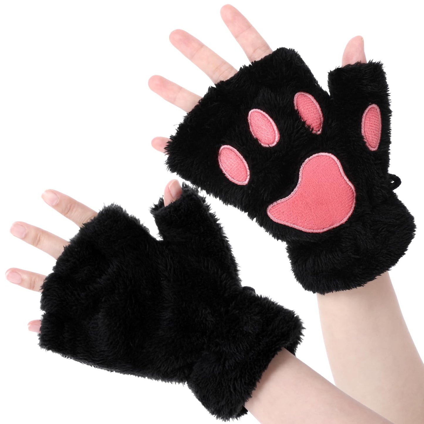 Telooco Furry Paws Gloves Kawaii Cat Paws Gloves Women Cute Warm Half Finger Gloves Therian Paws For Cosplay Halloween Christmas Party (Black)