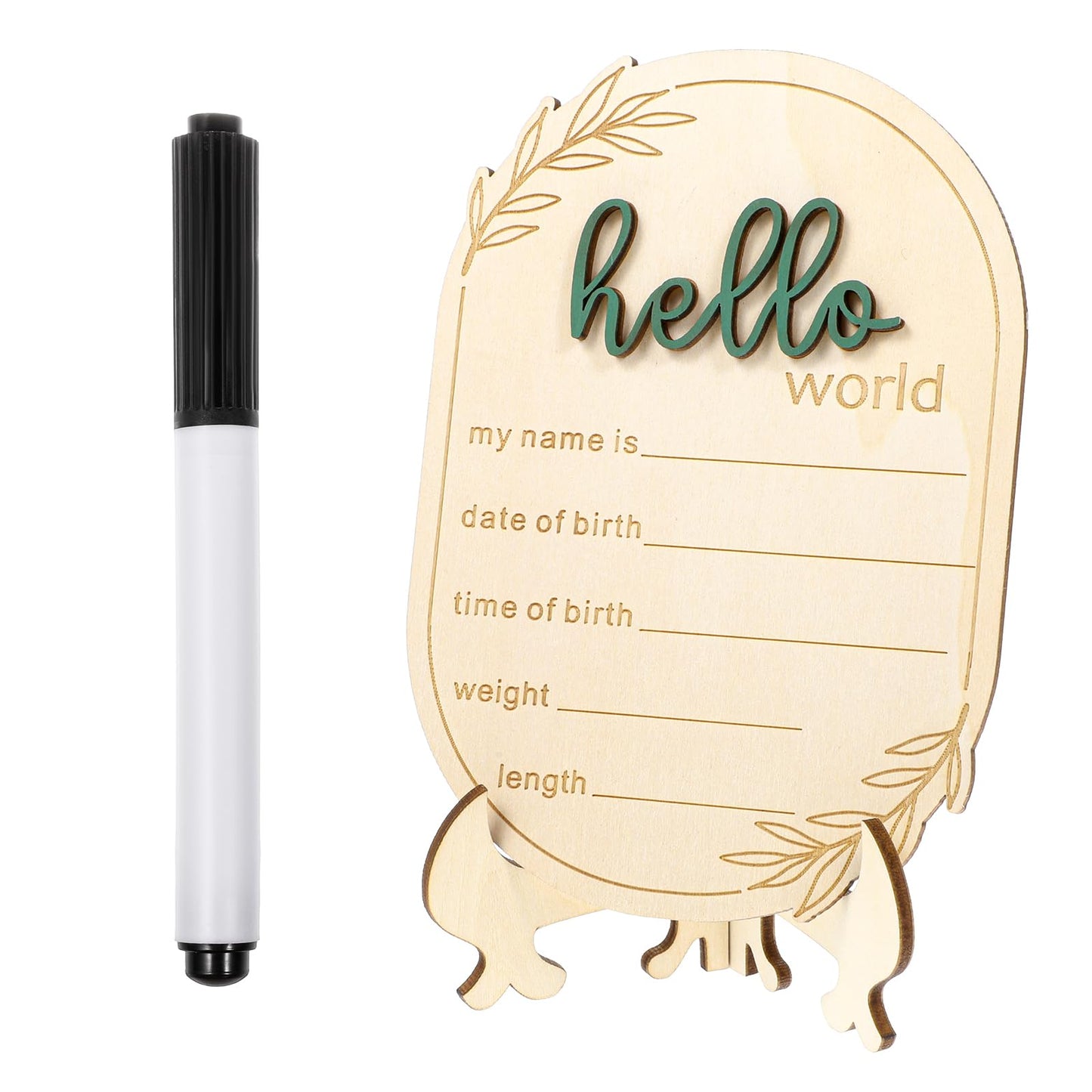 Hello World Newborn Sign,Baby Announcement Sign with Pen and Stand, 6x4 Inch Wooden Newborn Announcement Board, Baby Name Plaque for Nursery and Hospital