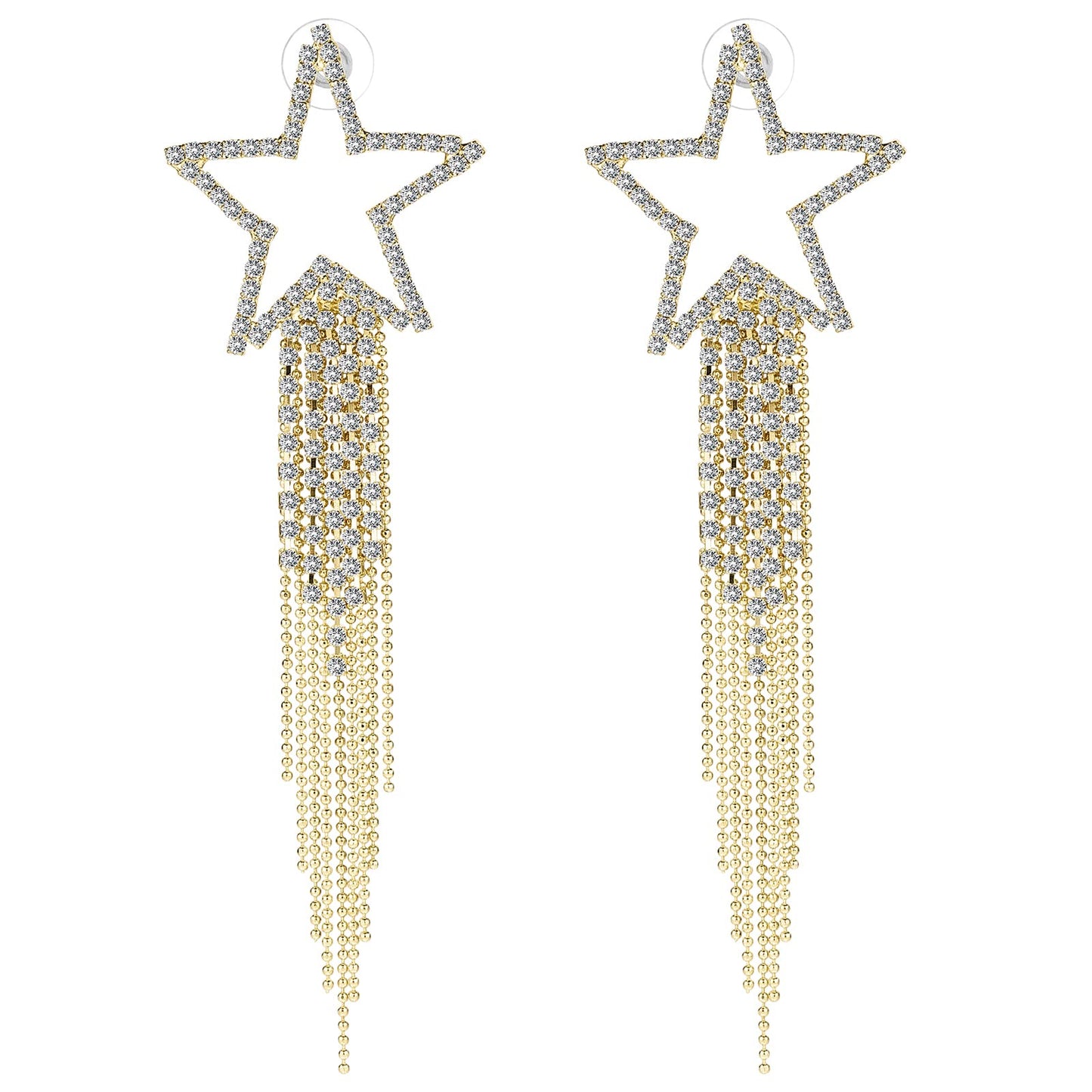 Lusofie Women’s Tassel Earrings Star Ear Stud Pave Crystal Dangle Earrings Rhinestone Fringe Chain Earring Bridal Jewellery Silver Tassel Drop Dangle Earrings Crystal Statement Dangle Earrings