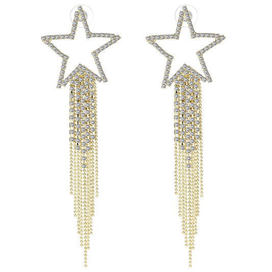 Lusofie Women’s Tassel Earrings Star Ear Stud Pave Crystal Dangle Earrings Rhinestone Fringe Chain Earring Bridal Jewellery Silver Tassel Drop Dangle Earrings Crystal Statement Dangle Earrings