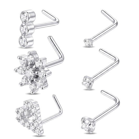 Fosaseua 6PCS 20G Stainless Steel Silver L Shaped Nose Studs