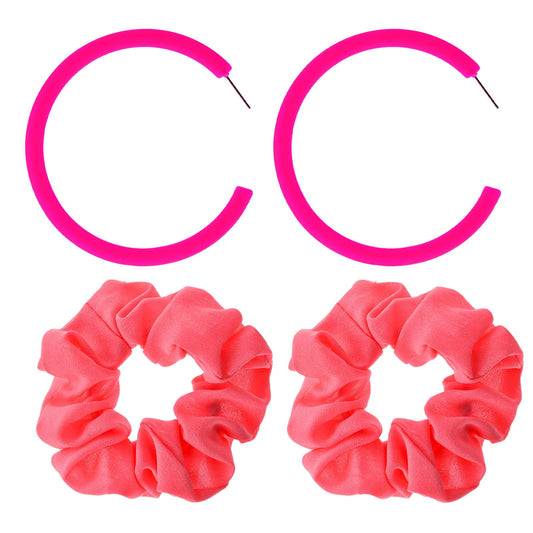 Pink Earrings with 80's Neon Scrunchies Large Hoop Earrings for Women Neon Earrings Retro 80s Accessories Funky Color Earrings Acrylic Open Halloween 80's Theme Party Disco Costume Cheerleaders