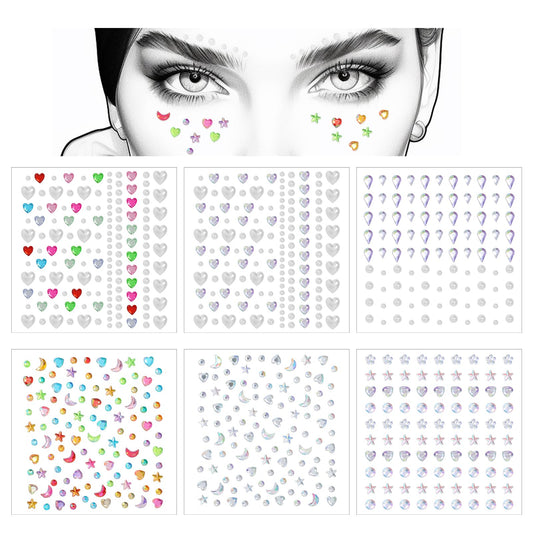 6Sheets Face Gems for Makeup, Self Adhesive Gem Stickers, Stick on Pearls Hair Gems, Pearl Rhinestones Stickers for Face, Hair, Eye, Makeup, Nail, Body, Crafts