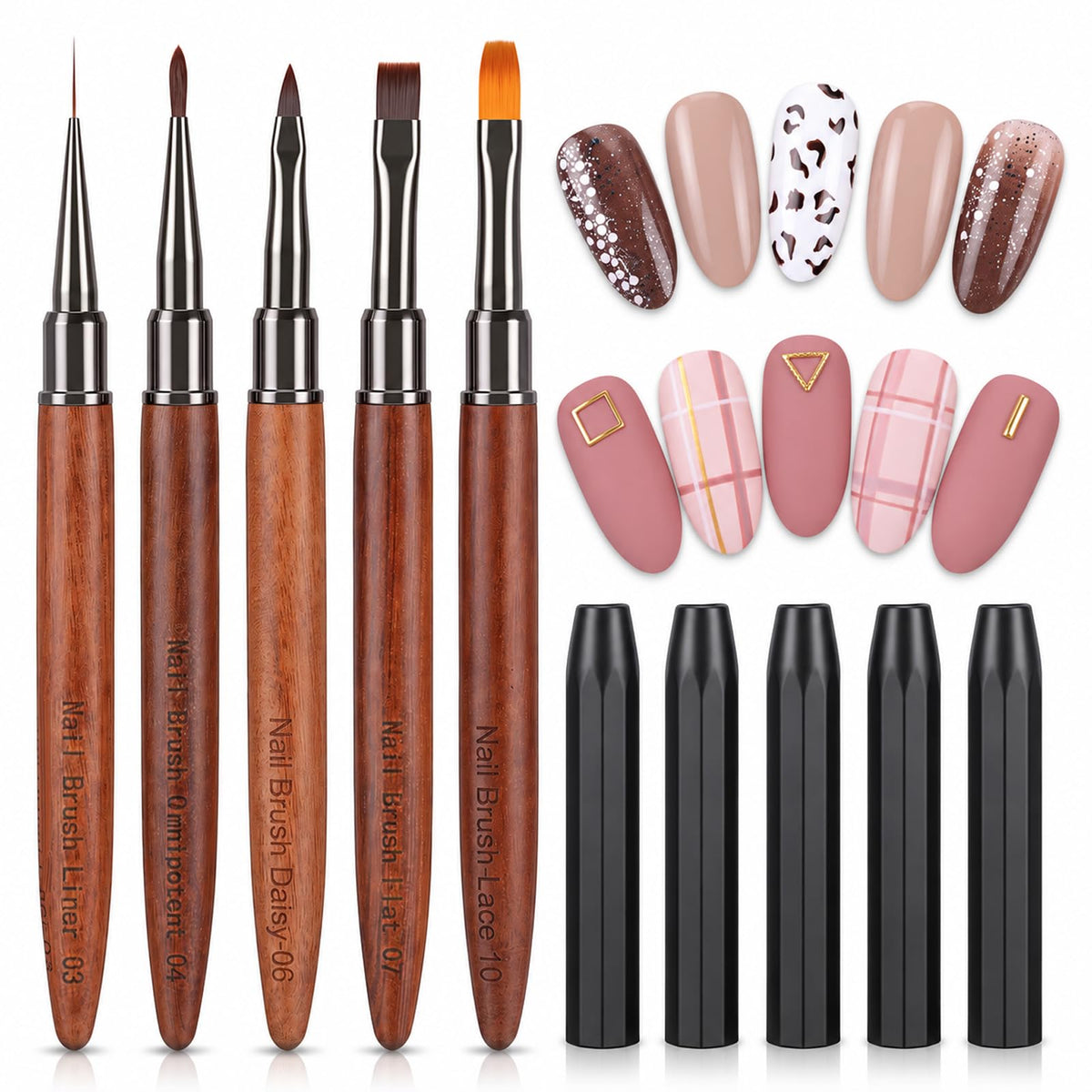 5Pcs Nail Art Brushes Set, Brown Nail Art Liner Brushes,Nail Brush Set