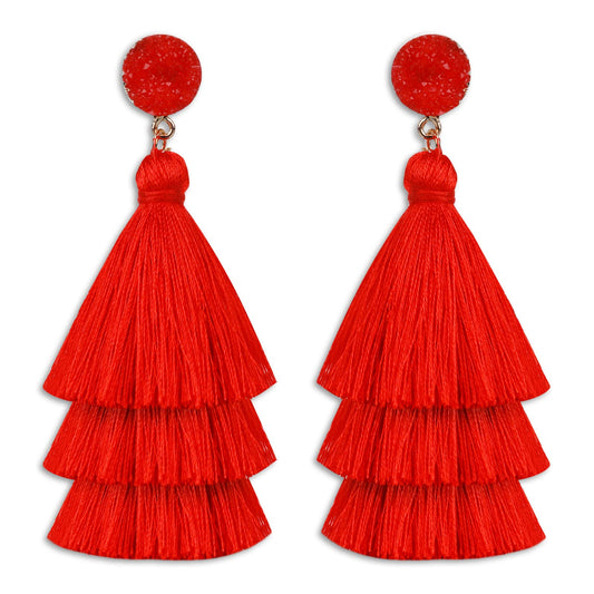 Layered Tassel Earrings Bohemian Tiered Tassel Thread Earrings Fringe Dangle Drop Earrings for Women Teen Girls (Red)