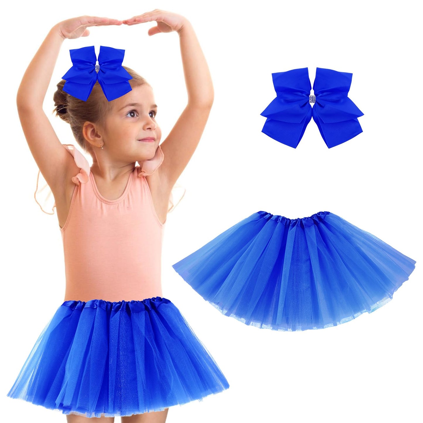 Yolev 5 Layered Tulle Tutu Skirt for Girls Princess Ballet Dance Dress Kid Tulle Dance Skirt with Hair Bow for Little Girls Dress Up (Royal Blue)