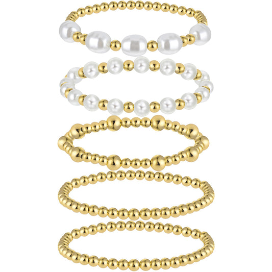 Yolev 5pcs Gold Beaded Bracelets for Women, Pearl Bracelet Set for Women Beaded Stretch Strand Bracelets for Gifts Stackable Stretch Bead Ball Bracelet Set Jewelry Gifts