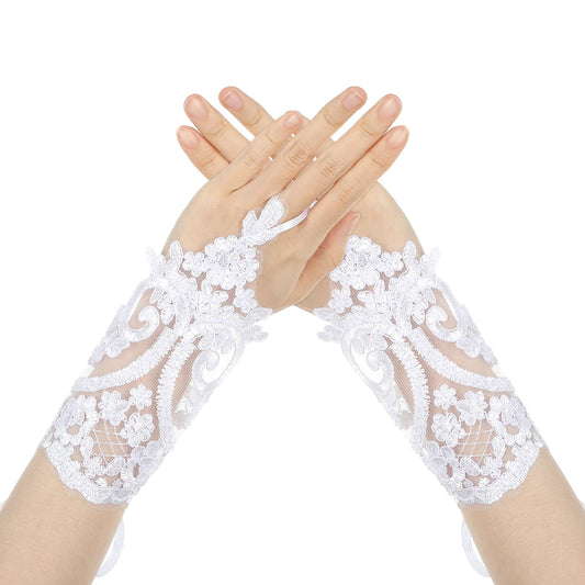 Lusofie Lace Gloves for Women Elegant Embroidered Lace Fingerless Gloves Soft Breathable Opera Gloves for Bridal Bouquet Prom Formal Dress Halloween Party(White)