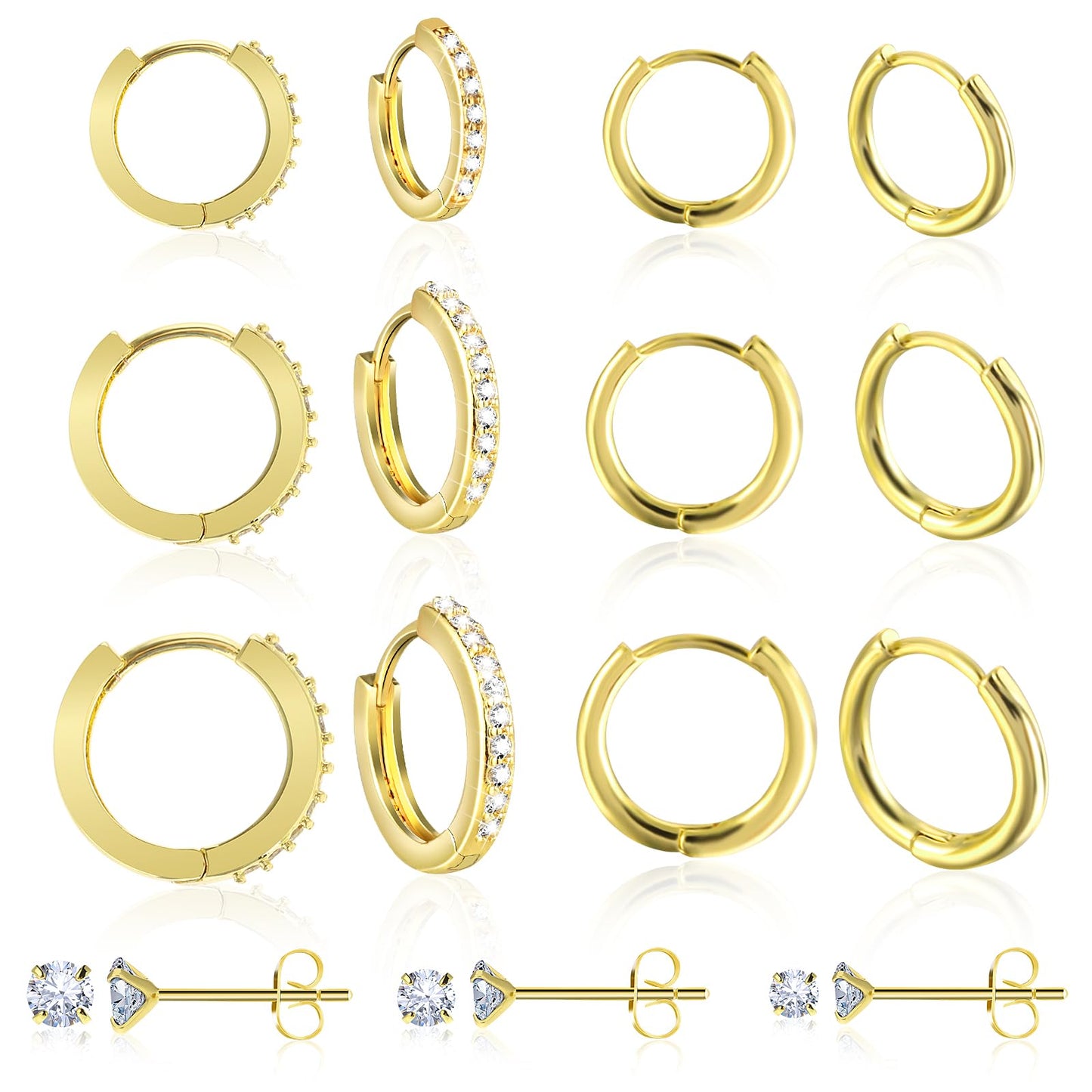 Huggie Hoop and Stud Earrings Set 9 Pairs 14K Gold Plated Hoops Earrings 925 Sterling Silver Earrings Piercing Jewelry Set for Birthday Gifts(Gold)